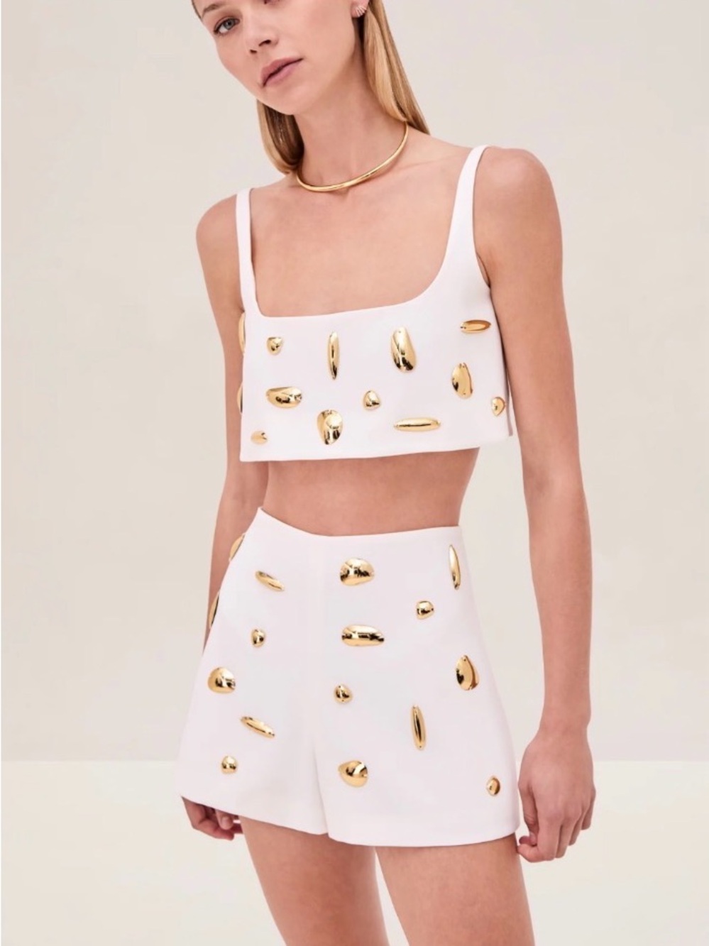 Alexis White High-Waist Embellished Shorts and crop top with Gold Accents